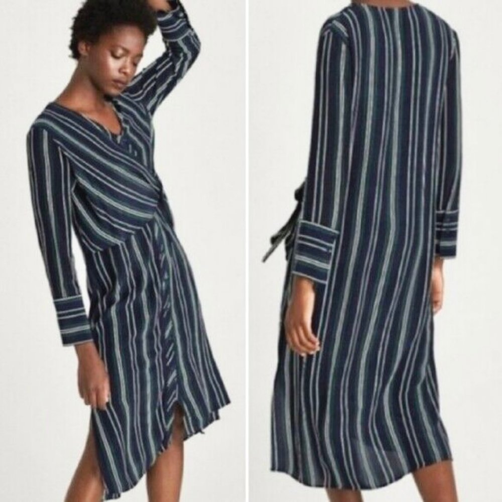 Zara Navy Green Striped Midi Dress